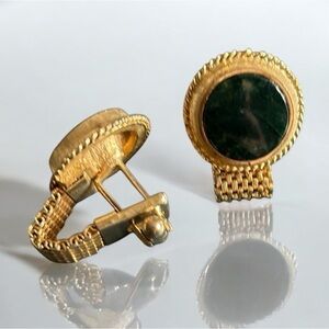 Vintage Cufflinks 1960's Gold Tone Mesh Link with Green Stone
